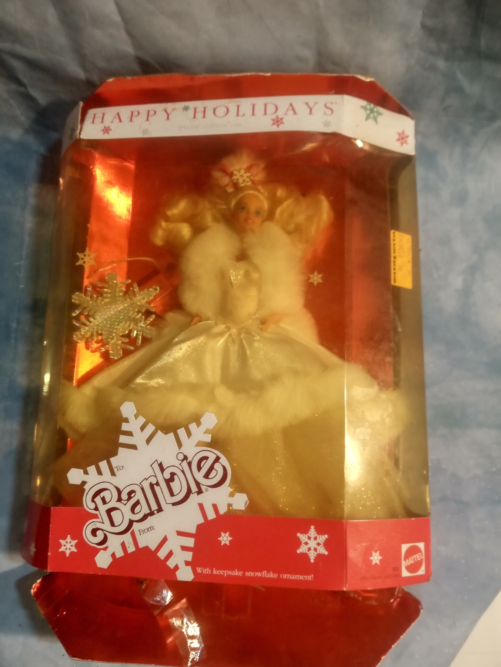 Vintage Happy Holidays Barbie Doll in Gold and White Holiday Gown